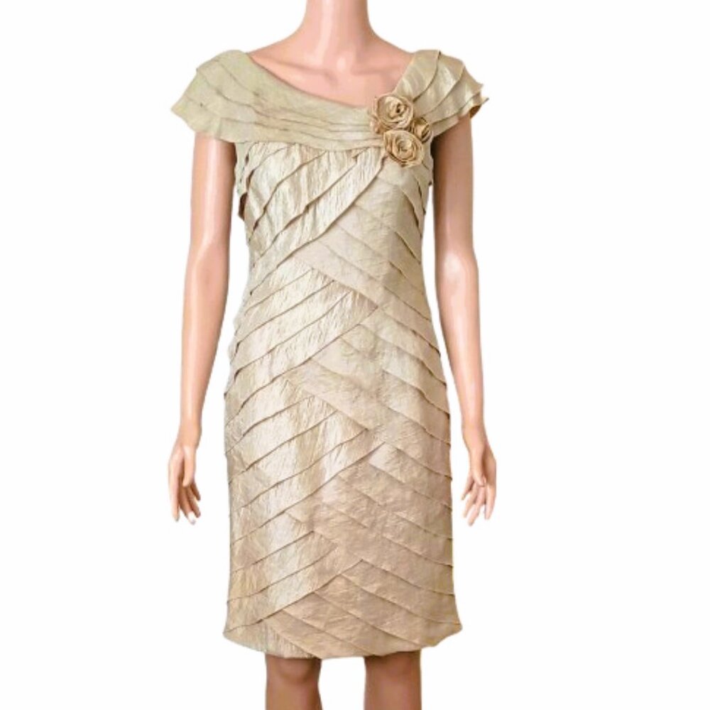 Women's Hammered Tiered Dress 4 Champagne Shimmer Cap Sleeves Fabric Roses